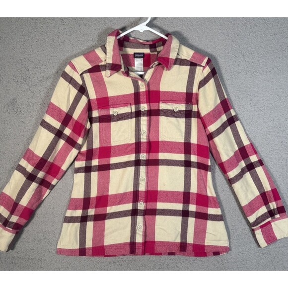 Patagonia Cotton Fjord Flannel Shirt Women’s Size 2 Pink Purple Cream Plaid - Picture 1 of 14